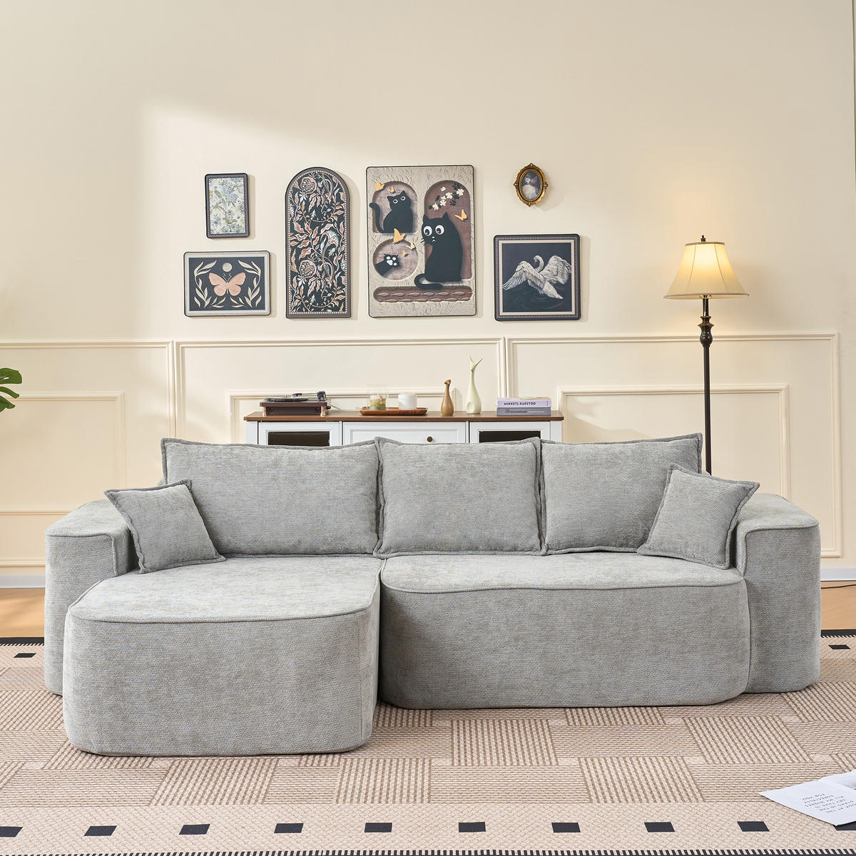 ECKSOFA Chenille Grau mit Seitentaschen - Grau, Holzwerkstoff/Textil (262/144cm) - WISHDOR