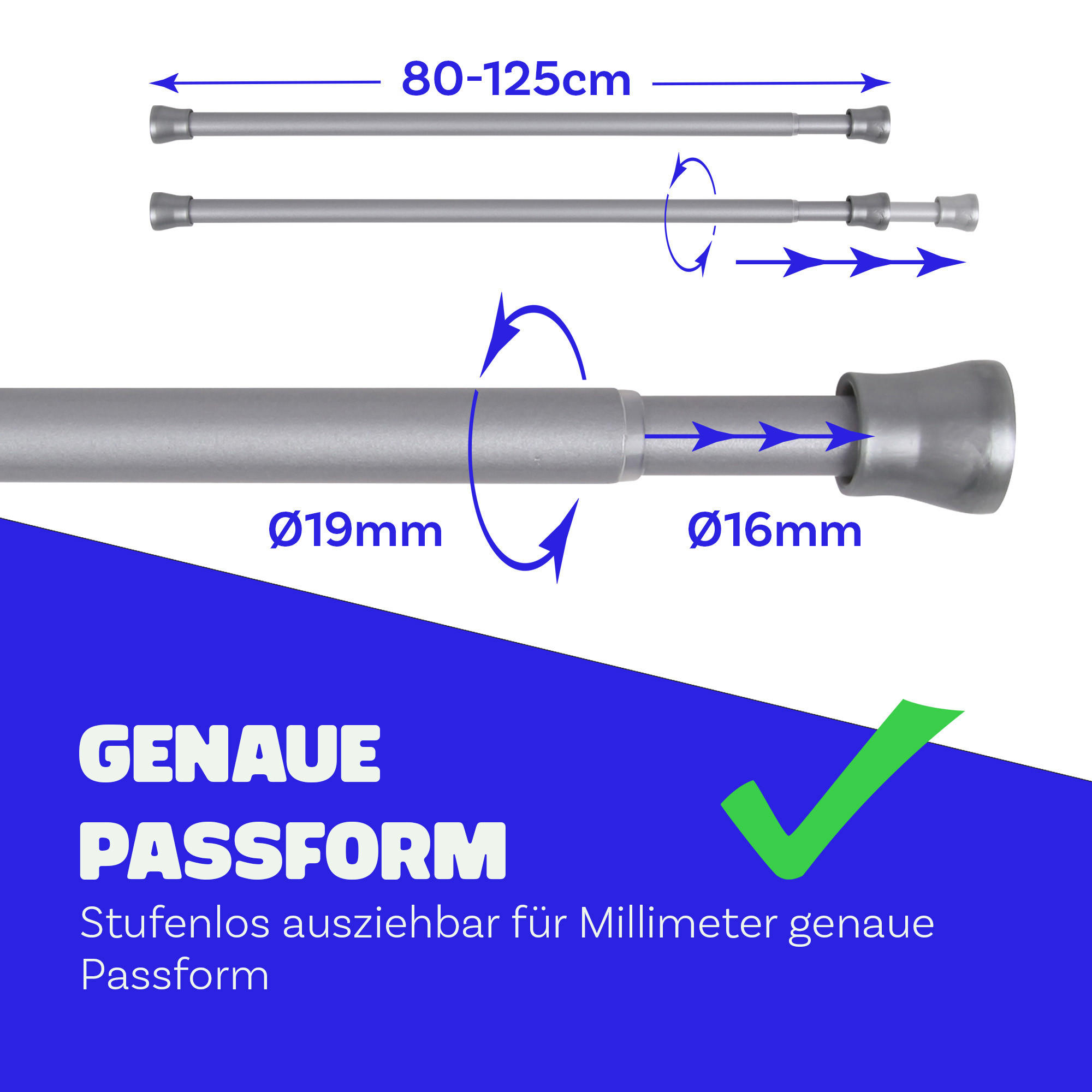 VERSTELLBARE Vorhangstange - Spannstange zum Klemmen Silber Ø16/19 mm 80-125 cm - Silberfarben, Metall (80cm) - Bestlivings