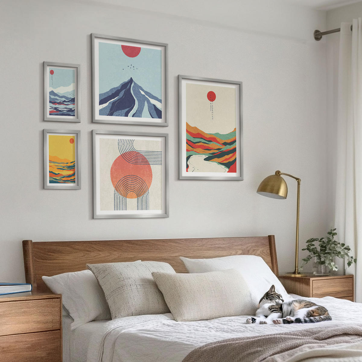 WANDBILDER 5er Set - 50x50 cm & 20x30 cm & 40x60 cm Silberner Rahmen - Pastellfarbene Berge im Japandi-Stil - Silberfarben, Kunststoff (40/60cm) - ArtPrintCave