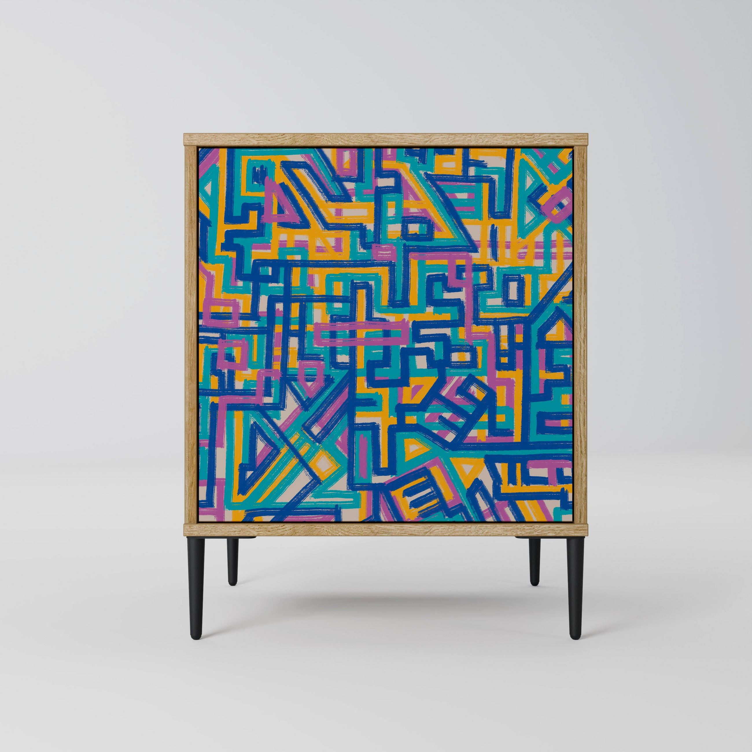 SIDEBOARD MEMORIES MAP, Eichefarben, 57,5x42x72,5 cm, Schwarze Metallfüße - Eichefarben/Multicolor, Holzwerkstoff/Metall (57.5/72.5/42cm) - SpaceRebels