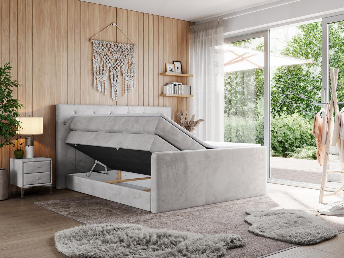 BOXSPRINGBETT KING VELEN 160/200 Hellgrau Velvet - H4 - Hellgrau, Holz/Textil (160/200cm) - MKS