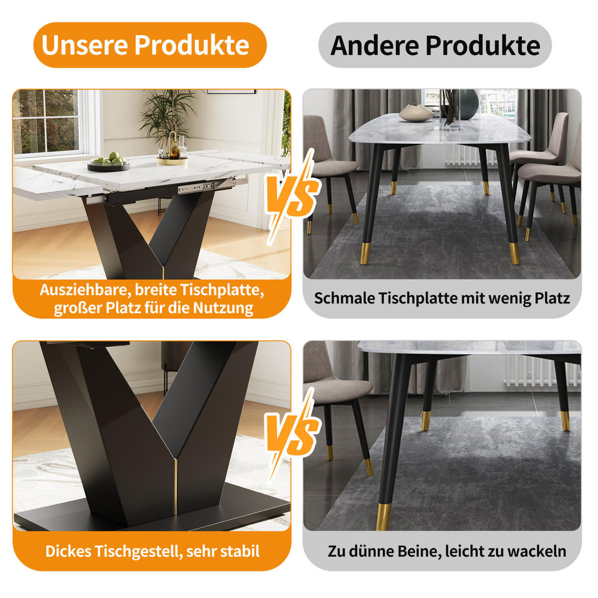 ESSTISCH 99-159/75/75 cm ausziehbar mit Marmordekor und V-förmigen Metallbeinen, Weiß/Schwarz - Weiß, Holzwerkstoff (99/75/75cm) - Redom