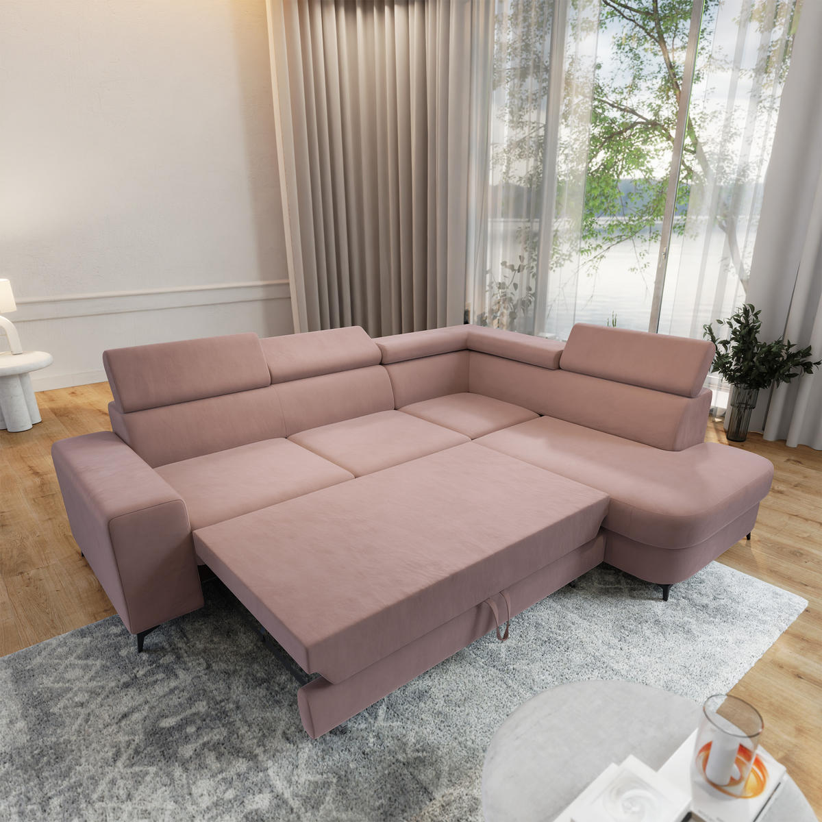ECKSOFA ALVORO R-S Rosa Velours-Stoff mit Schlaffunktion - Rosa, Holz (253/190cm) - MASSENO