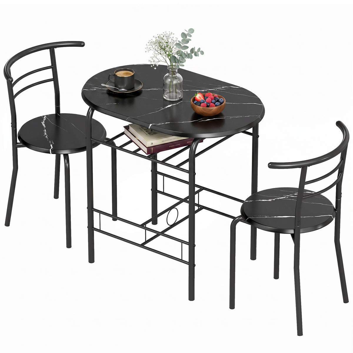 ESSGRUPPE, 2/3-teilig, schwarze Marmoroptik - Schwarz, Holzwerkstoff (52/76/80cm) - Vallsero