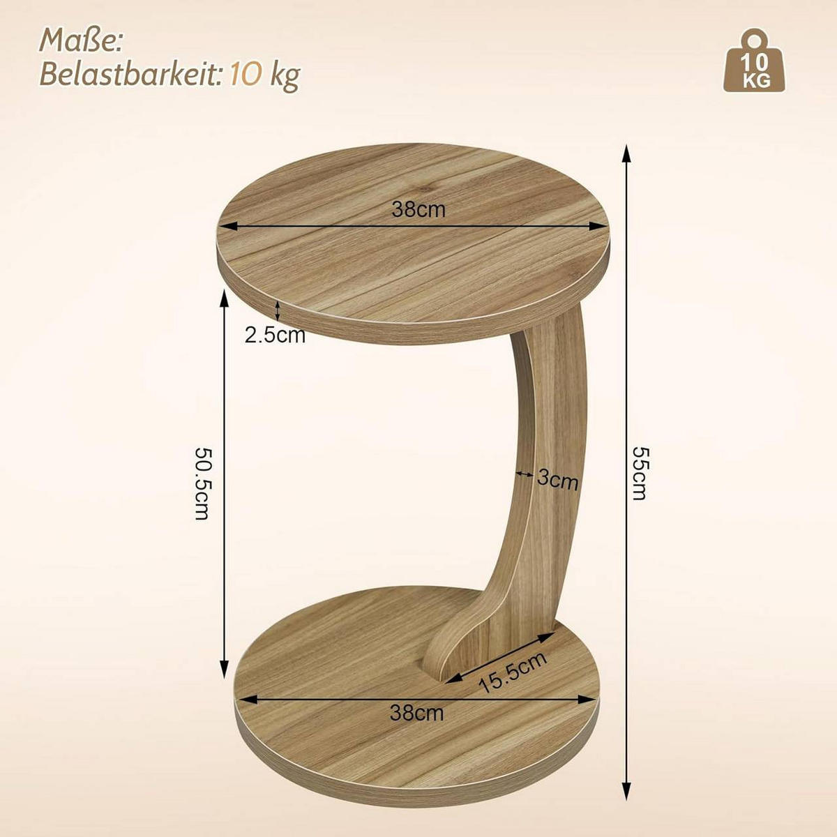 BEISTELLTISCH C-Form, φ38xH55 cm, Helle Eiche - Eichefarben, Holzwerkstoff (38/38/55cm) - Woltu