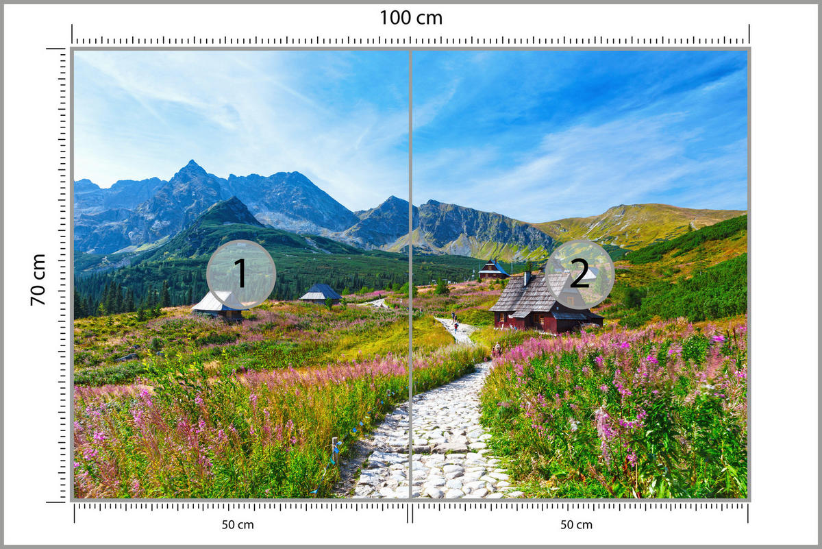 FOTOTAPETA Pre Obývaciu Izbu Kamenný Chodník Hory Stromy Rastliny Domy 100 x 70 cm - sivá/zelená, papier (100/70cm) - Muralo