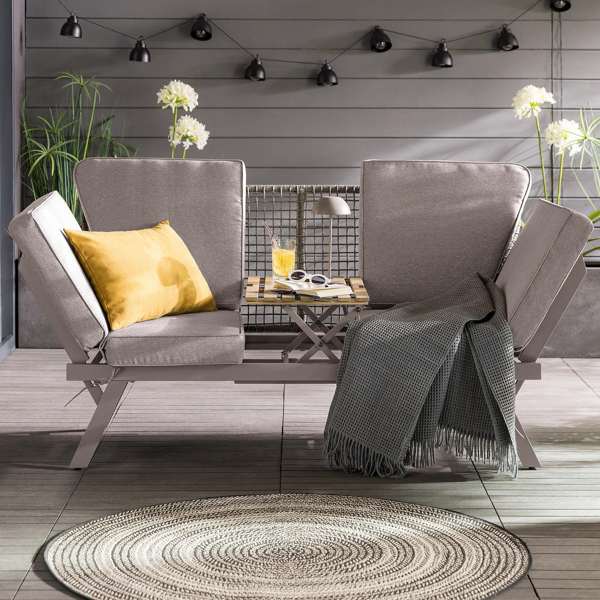 LOUNGESOFA - Stahl / Polyester - Anthrazit - Taupe, Holz/Metall (176/83/75cm) - home24