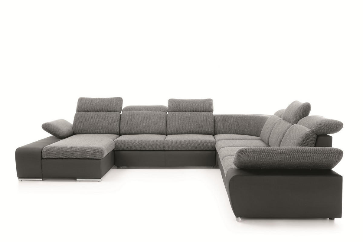 WOHNLANDSCHAFT TRENTO Grau Geflochtener Stoff mit Schlaffunktion - Grau, Holz (355/100/355cm) - MASSENO