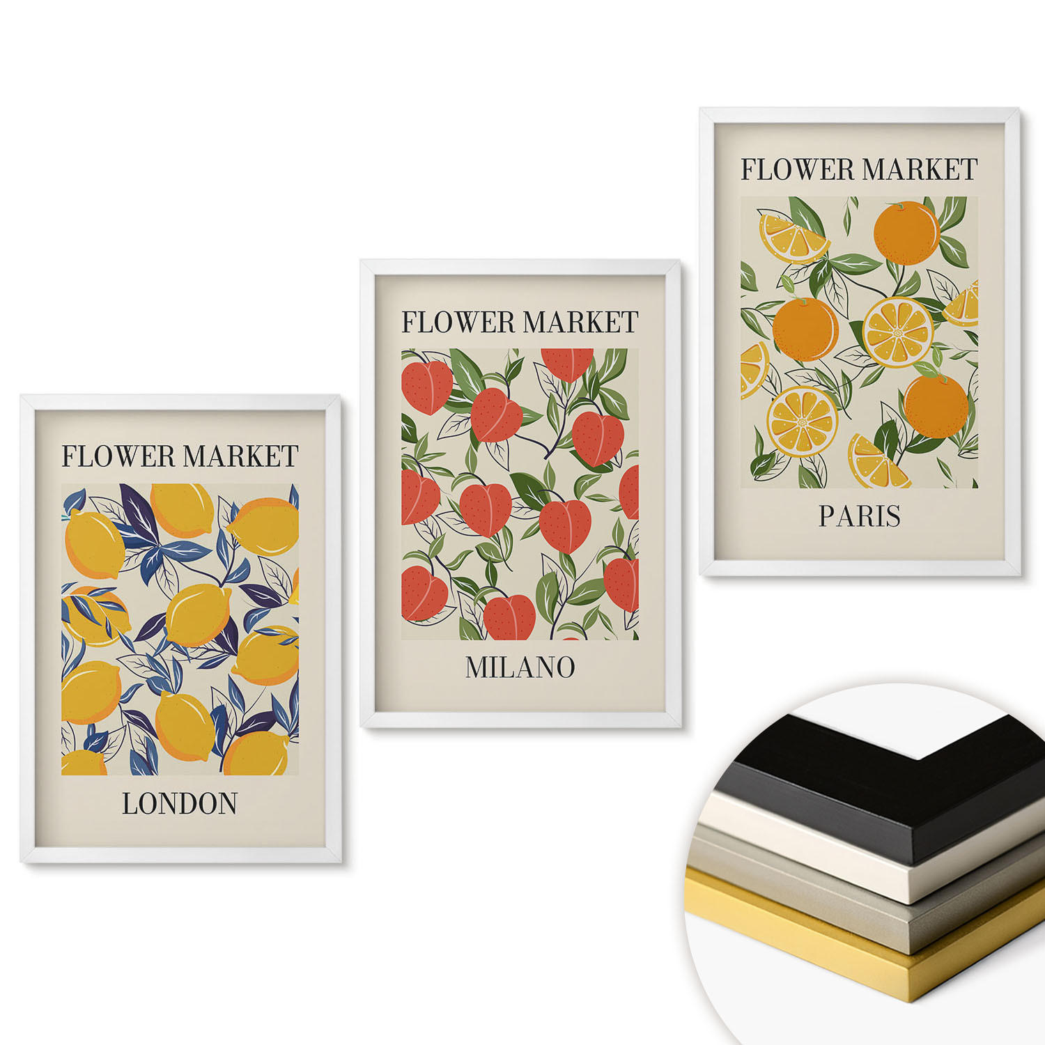 WANDBILDER 3er-Set - 40x60 cm Weißer Rahmen - Blumenplakate in Städten - Weiß, Kunststoff (40/60cm) - ArtPrintCave