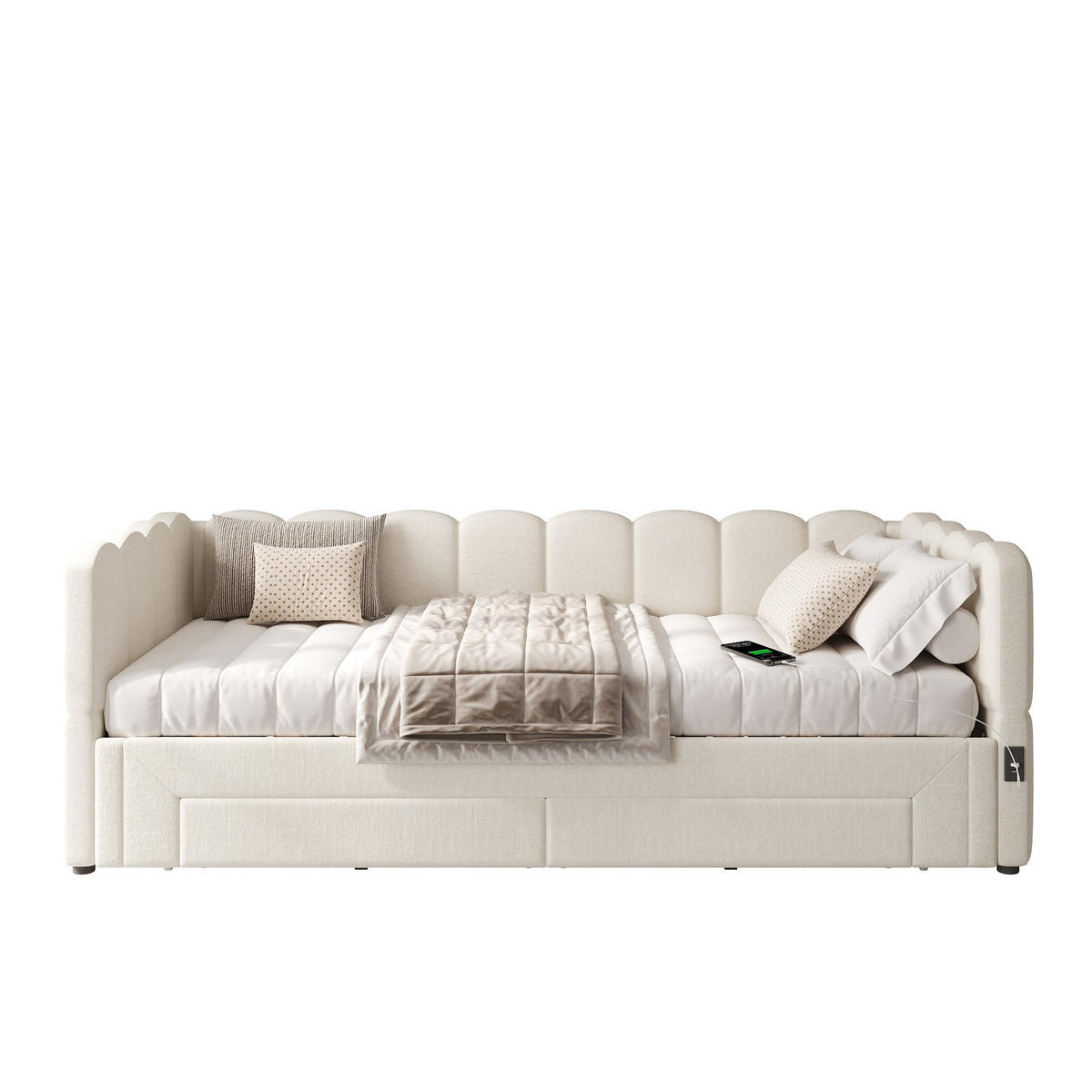 POLSTERBETT 90/200 cm beige aus Leinen mit Ausziehfunktion und USB-Anschluss - Weiß, Textil (90/200cm) - OKWISH