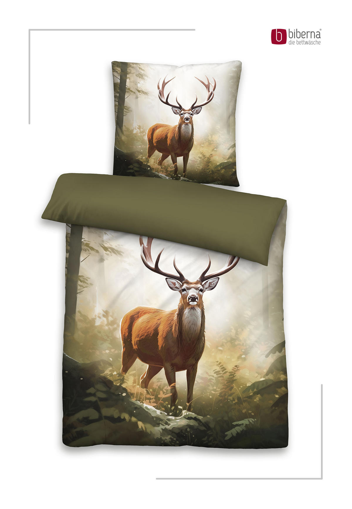 BETTWÄSCHE-GARNITUR Premium Biber Hirsch fichte, 155x220 cm + 80x80 cm - Dunkelgrün, Textil (155/220cm) - biberna