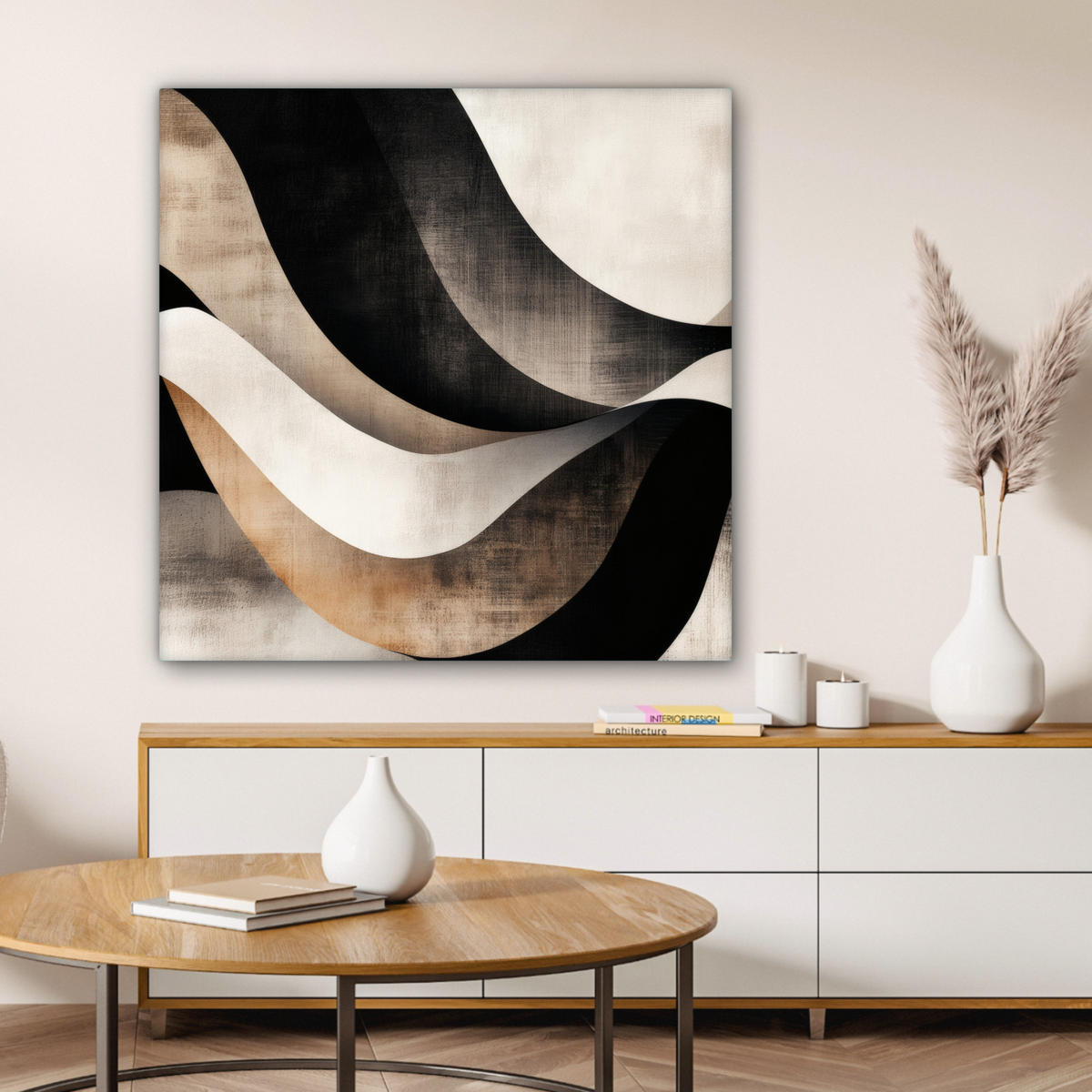 LEINWANDBILD Abstrakt - Wellen - Schwarz - Verwittert Deko Groß 90x90 cm - Trüffeleichefarben, Textil (90/90cm) - MuchoWow