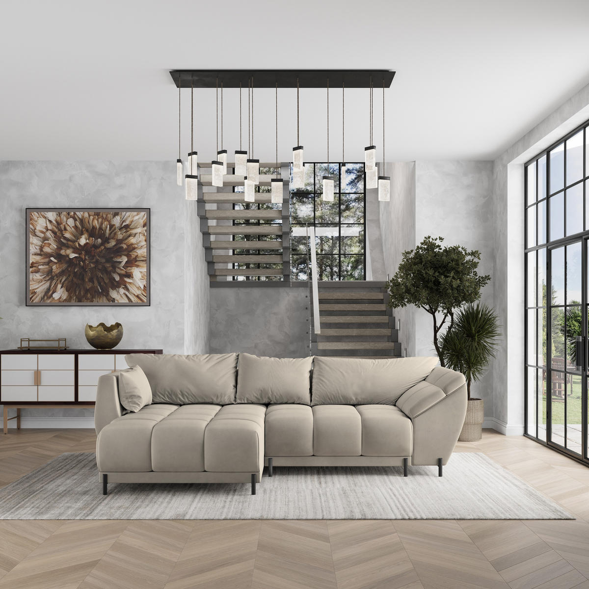 ECKSOFA VESTANO L-S Beige Velours-Stoff mit Schlaffunktion - Beige, Holz (287/182cm) - MASSENO