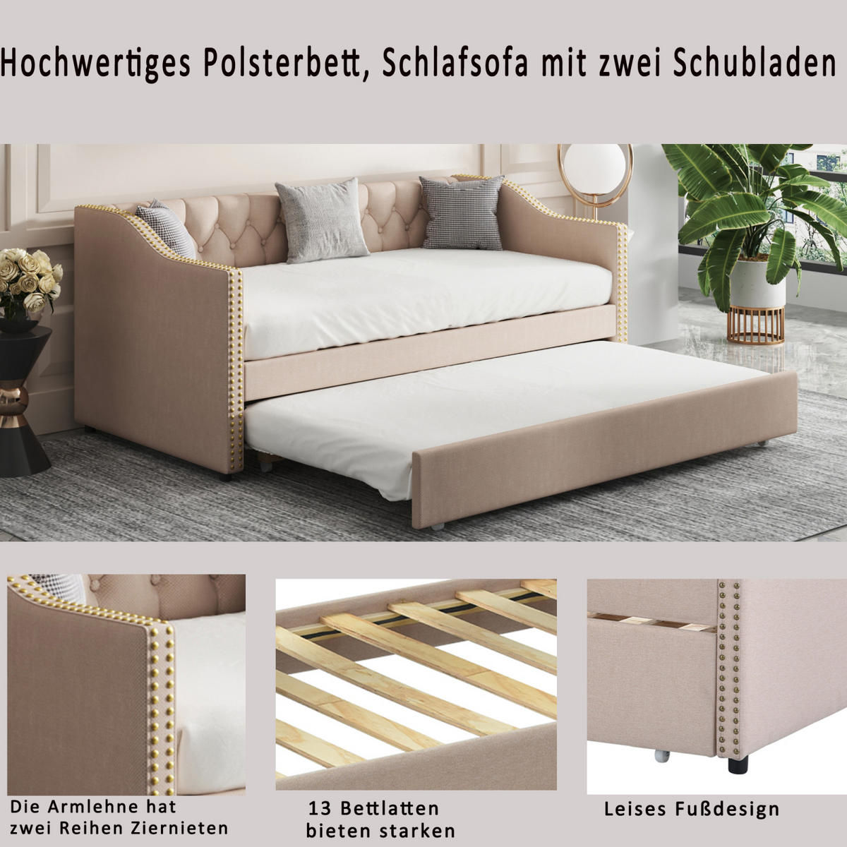 POLSTERBETT 90x200 cm, Beige, Tagesbett, Schlafsofa, mit 2 Schubladen - Beige, Textil/Metall (90/200cm)