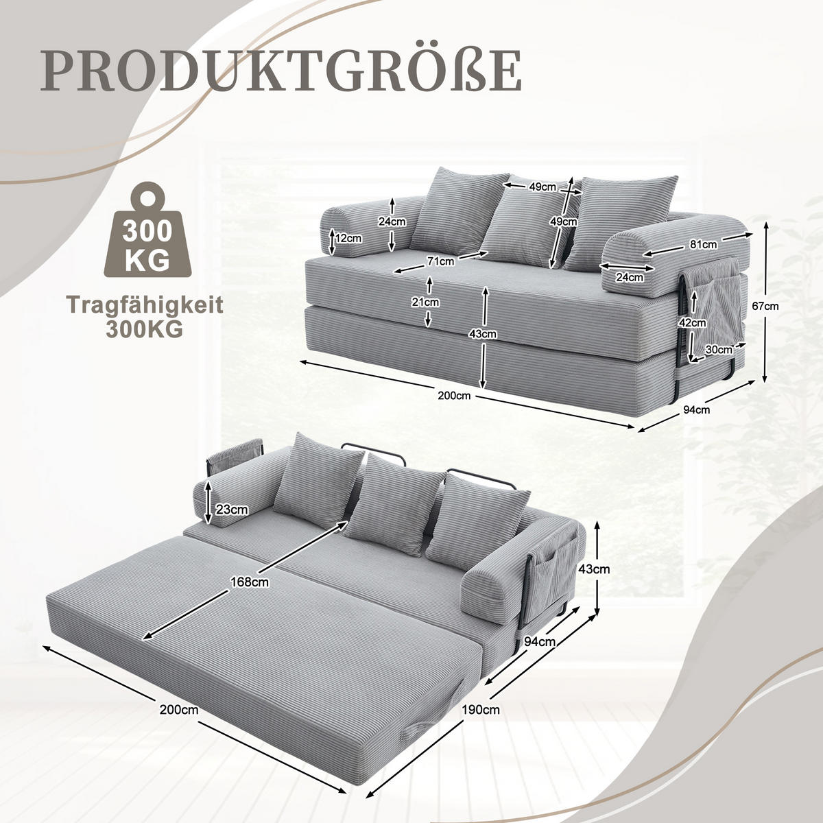 SCHLAFSOFA 200/94/67 cm Hellgrau mit Seitentaschen plus und 3 Kissen - Hellgrau, Textil (200/67/94cm) - Oxeza
