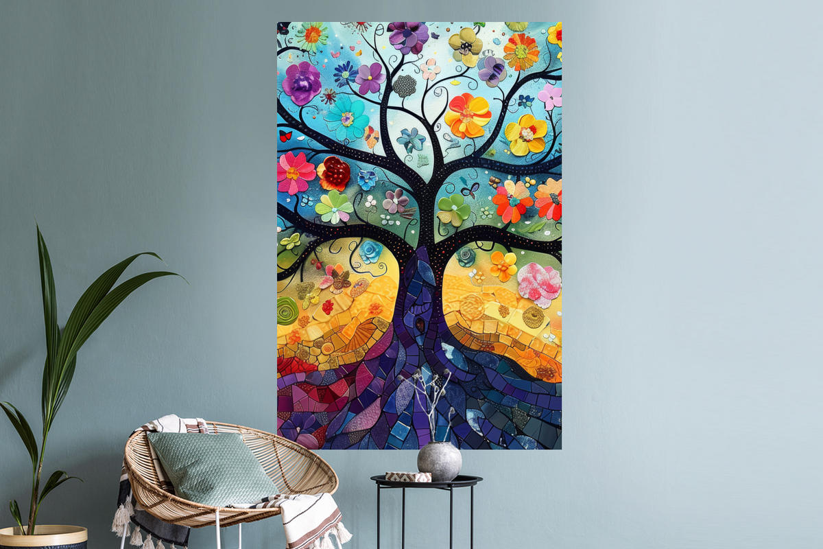 WANDTATTOO Kunst - Baum des Lebens - Blumen - Hippie 80x120 cm - Dunkelblau, Kunststoff (80/120/0.1cm) - MuchoWow