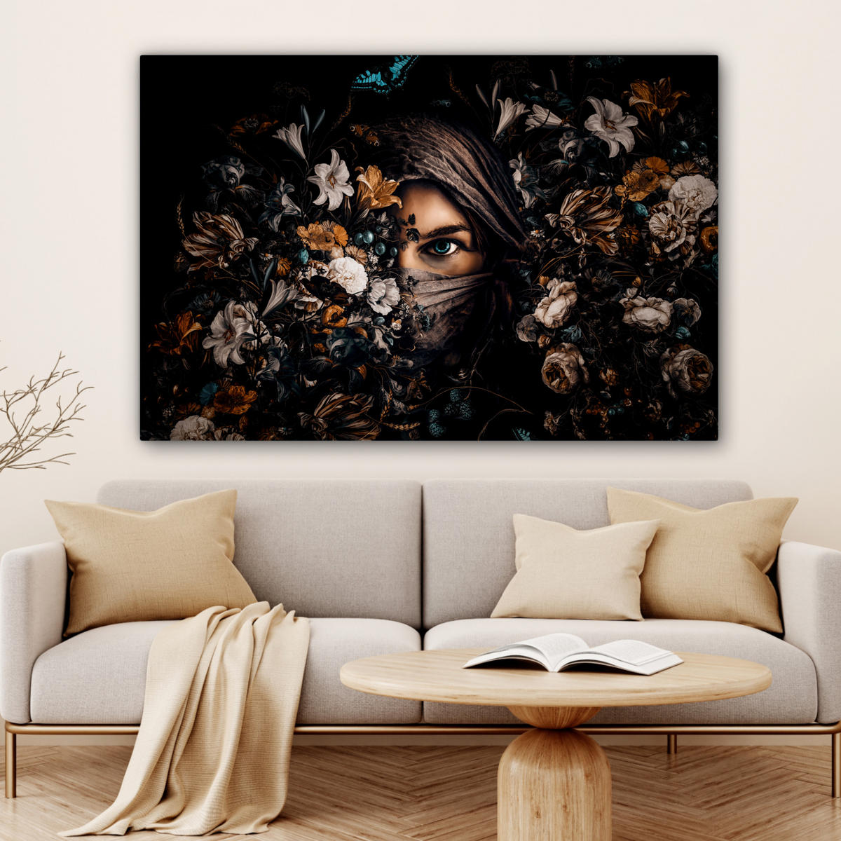 LEINWANDBILD Frau - Luxus - Blumen - Schmetterling - Porträt Wohnzimmer Groß 120x80 cm - Schwarz, Textil (120/80cm) - MuchoWow