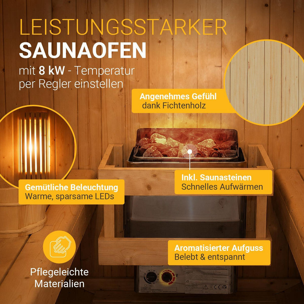 FASSSAUNA Spitzbergen 220 cm mit 8 kW Saunaofen (6 Personen) - Naturfarben, Holz (191/193/220cm) - Artsauna