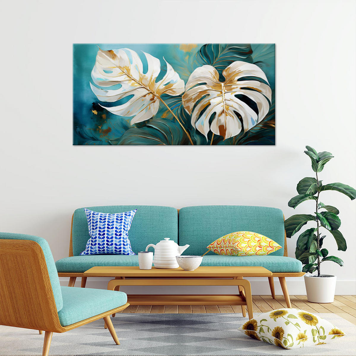 WANDBILD weiße monstera türkisblätter - Türkis, Textil (100/50cm) - Feeby