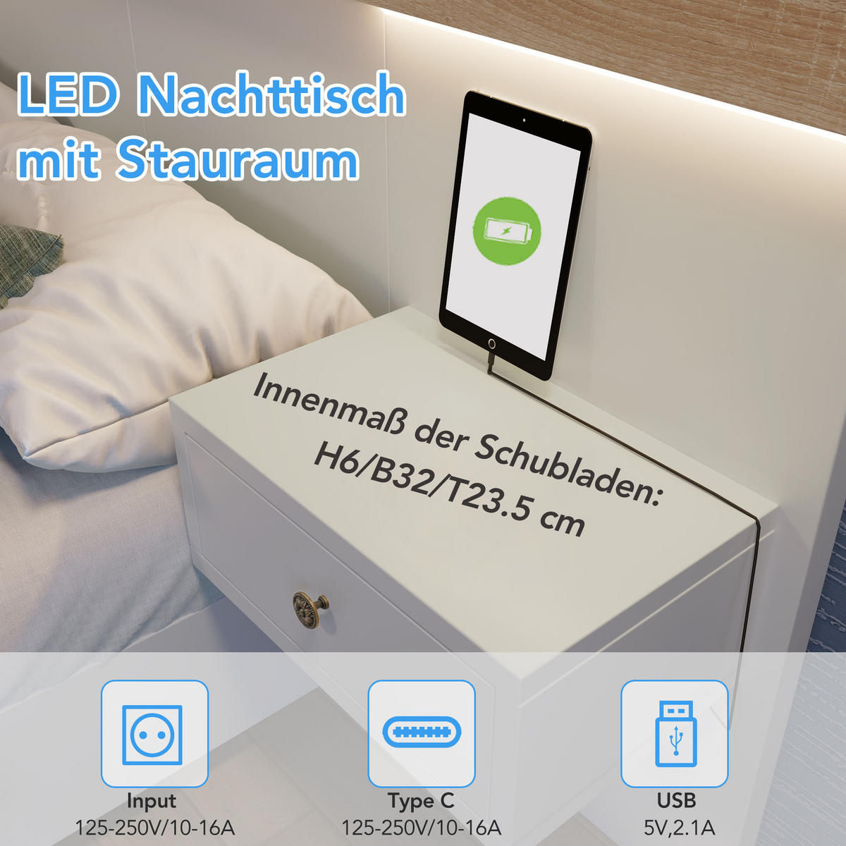 POLSTERBETT Weiß 160x200cm Eiche LED Stauraum Nachttische USB - Beige, Holzwerkstoff/Textil - Urban Meuble