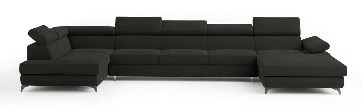 WOHNLANDSCHAFT MONTIVA Schwarz Velours-Stoff mit Schlaffunktion - Schwarz, Holz (410/89/190cm) - MASSENO