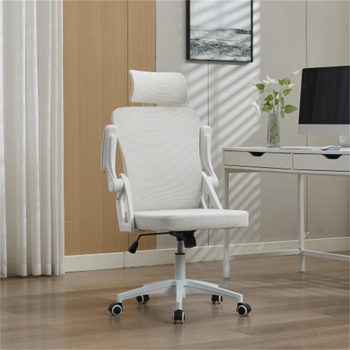 DREHSTUHL Ergonomisch Weiß, höhenverstellbar & drehbar, Metall-Stoff-Bezug, 58 x 65 x 108 cm - Weiß, Kunststoff (65/108/58cm) - Albatros