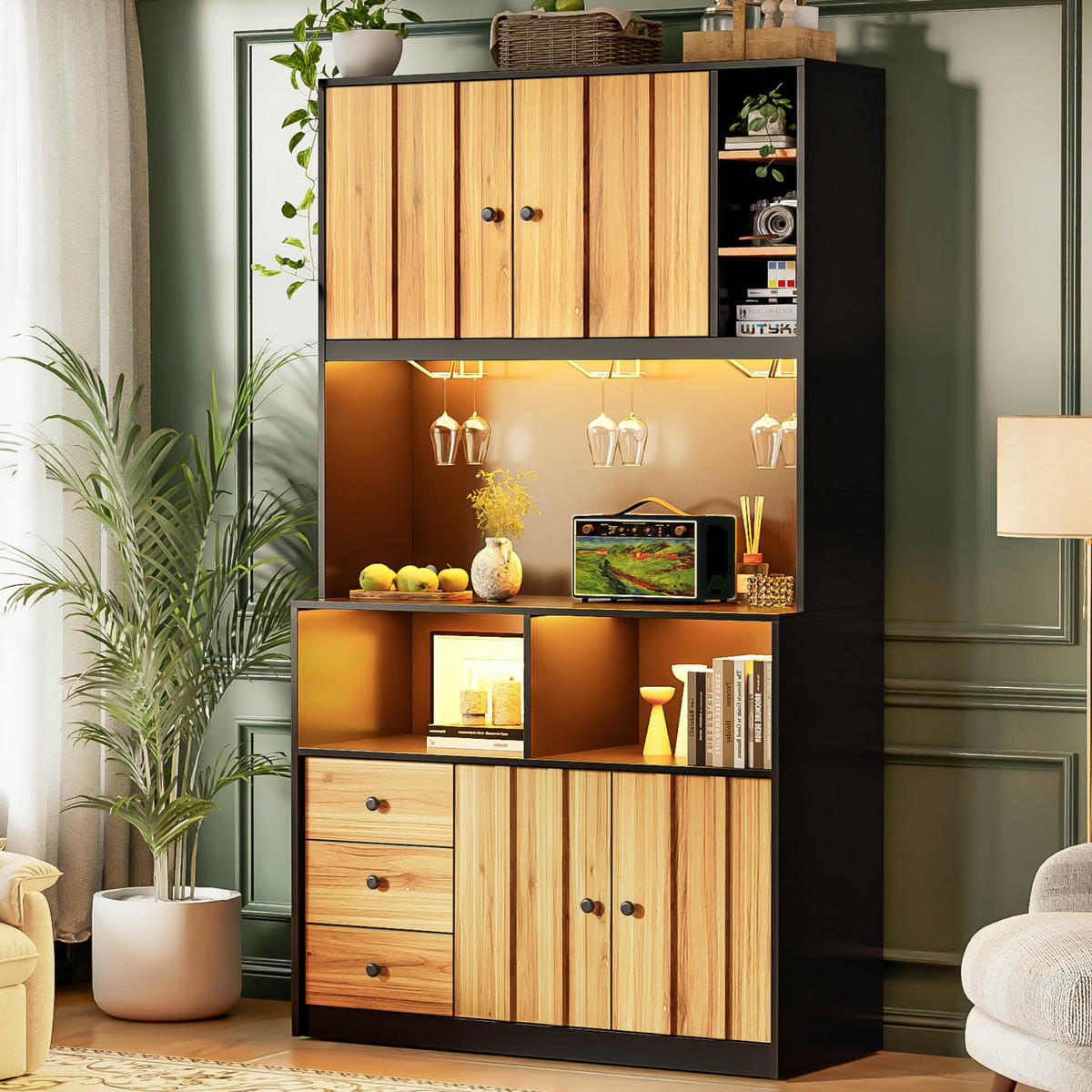 BUFFET DE-38715 100/40/180 cm LED-Beleuchtung und 3 Weinglashalter Natur - Naturfarben, Holzwerkstoff (100/180/40cm) - ComfortXL