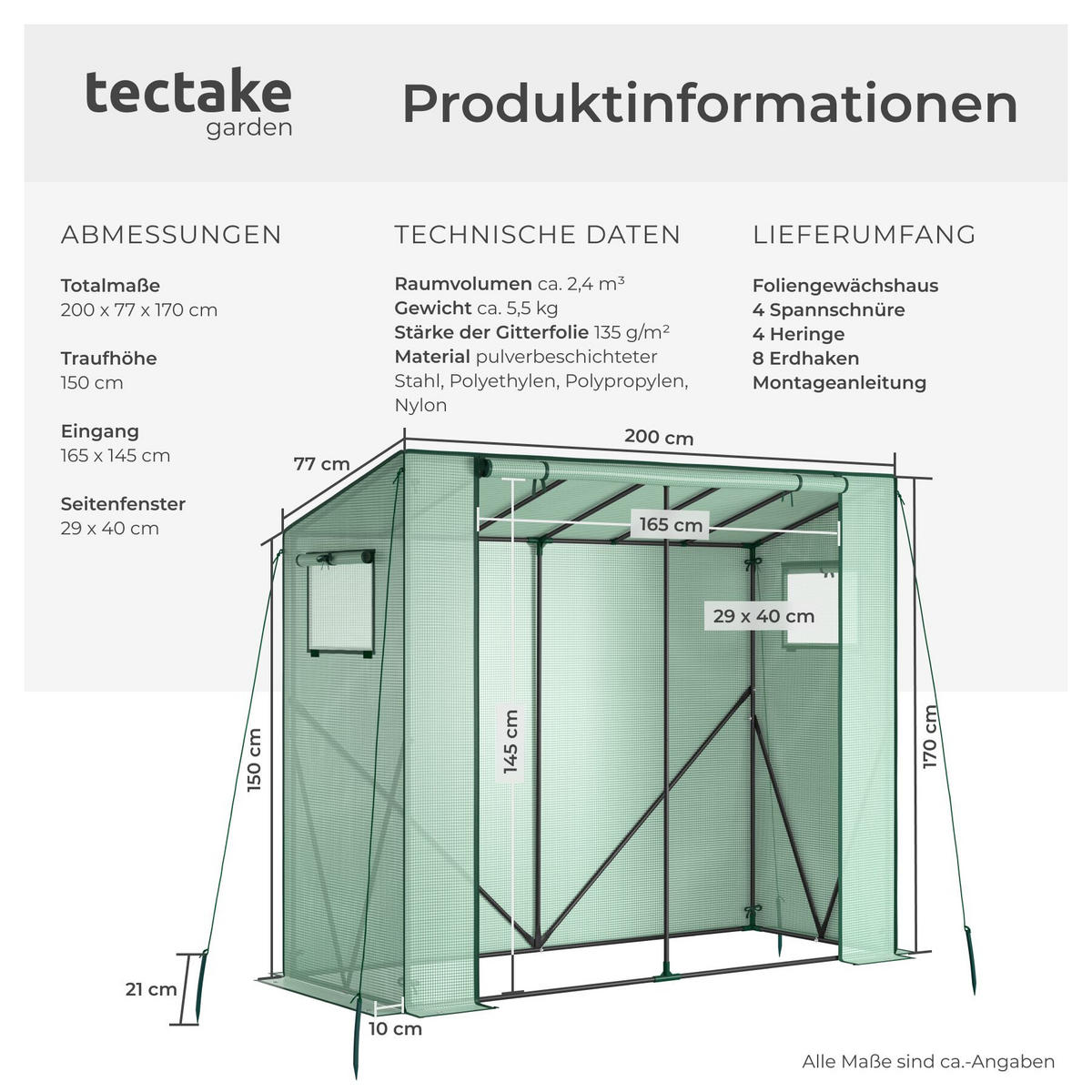 FOLIENGEWÄCHSHAUS Anton, 200 x 77 x 170 cm, inklusive Befestigungsmaterial, grün - Grün, Kunststoff (200/170/77cm) - tectake