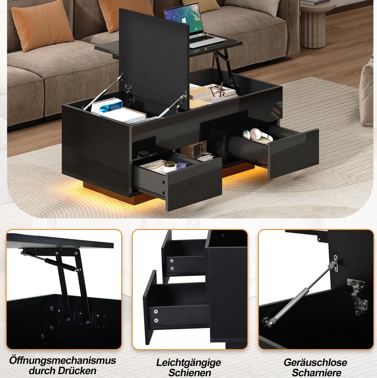 COUCHTISCH 100/45/43 cm Schwarz aus Spanplatte mit LED und Stauraum - Schwarz, Holzwerkstoff (100/45/43cm) - OKMYHOME