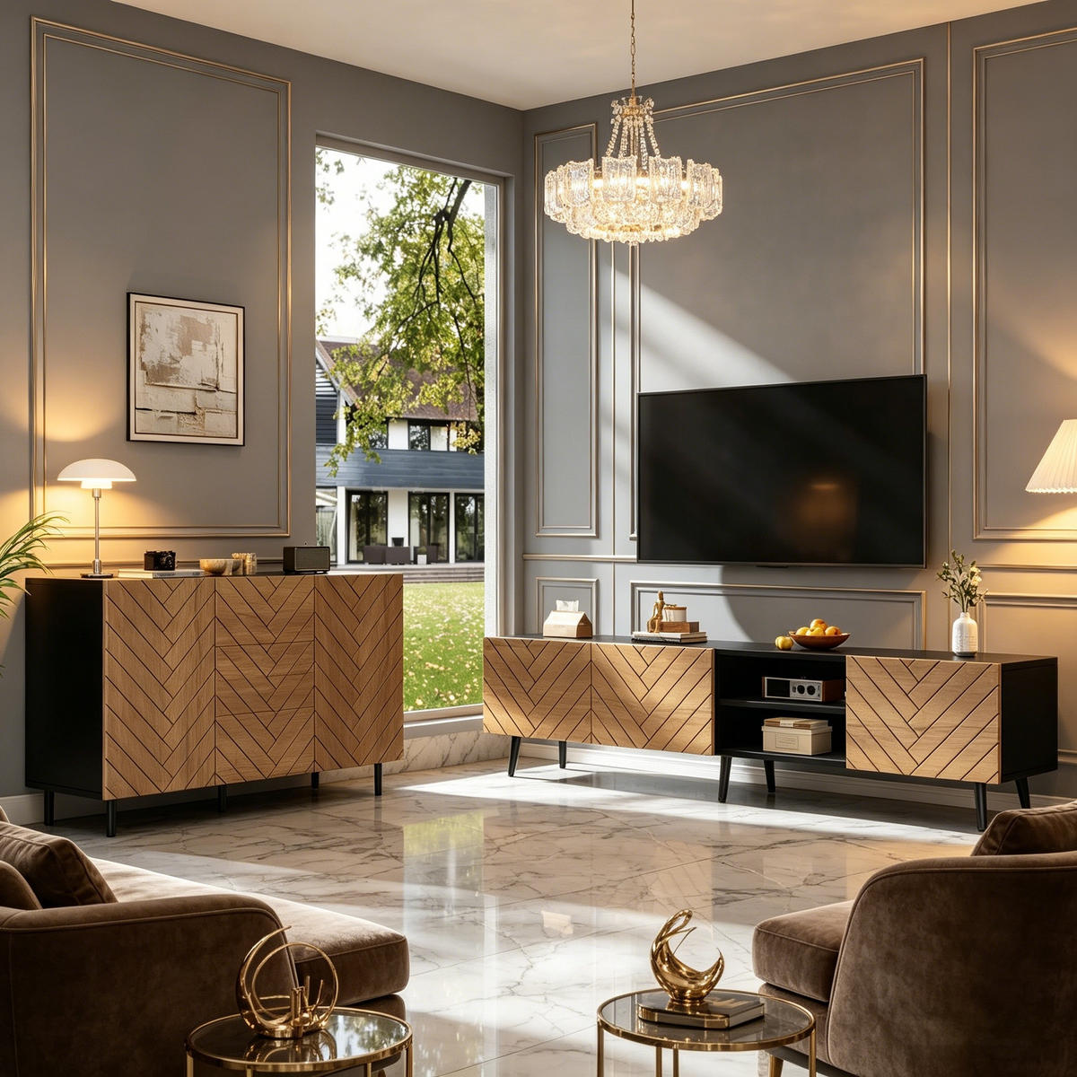 WOHNZIMMER-SET in Holzfarbe Wohnzimmermöbelset mit Lowboard und Sideboard für Wohnzimmer - Schwarz/Naturfarben, Holzwerkstoff/Metall (180/45/33.5cm) - STILVORA
