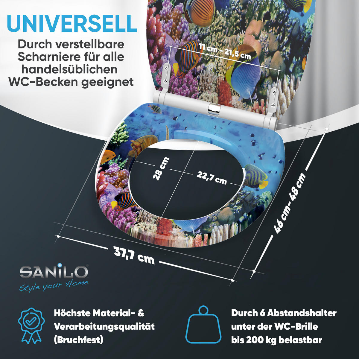 WC-SITZ mit Absenkautomatik & Top Fix Ocean - Blau, Holzwerkstoff (37.7/5.5/48cm) - Sanilo
