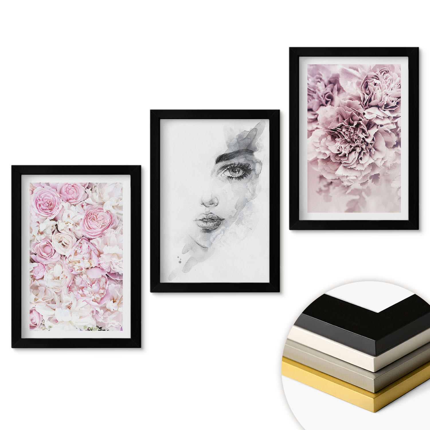 WANDBILDER 3er-Set - 20x30 cm Schwarzer Rahmen - Pfingstrosenporträt einer Frau in Schwarzweiß - Schwarz, Kunststoff (20/30cm) - ArtPrintCave