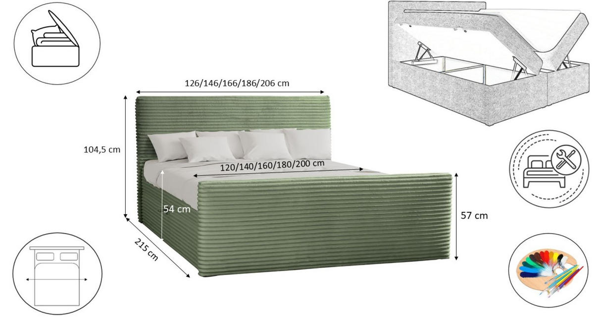 BOXBETT Mit Bettkasten Und Topper TRENTO Stoff Plüsch Cord 120x200 cm Olive H2-Pocket - Olivgrün, Holz/Textil (120/200cm) - Kaiser Möbel