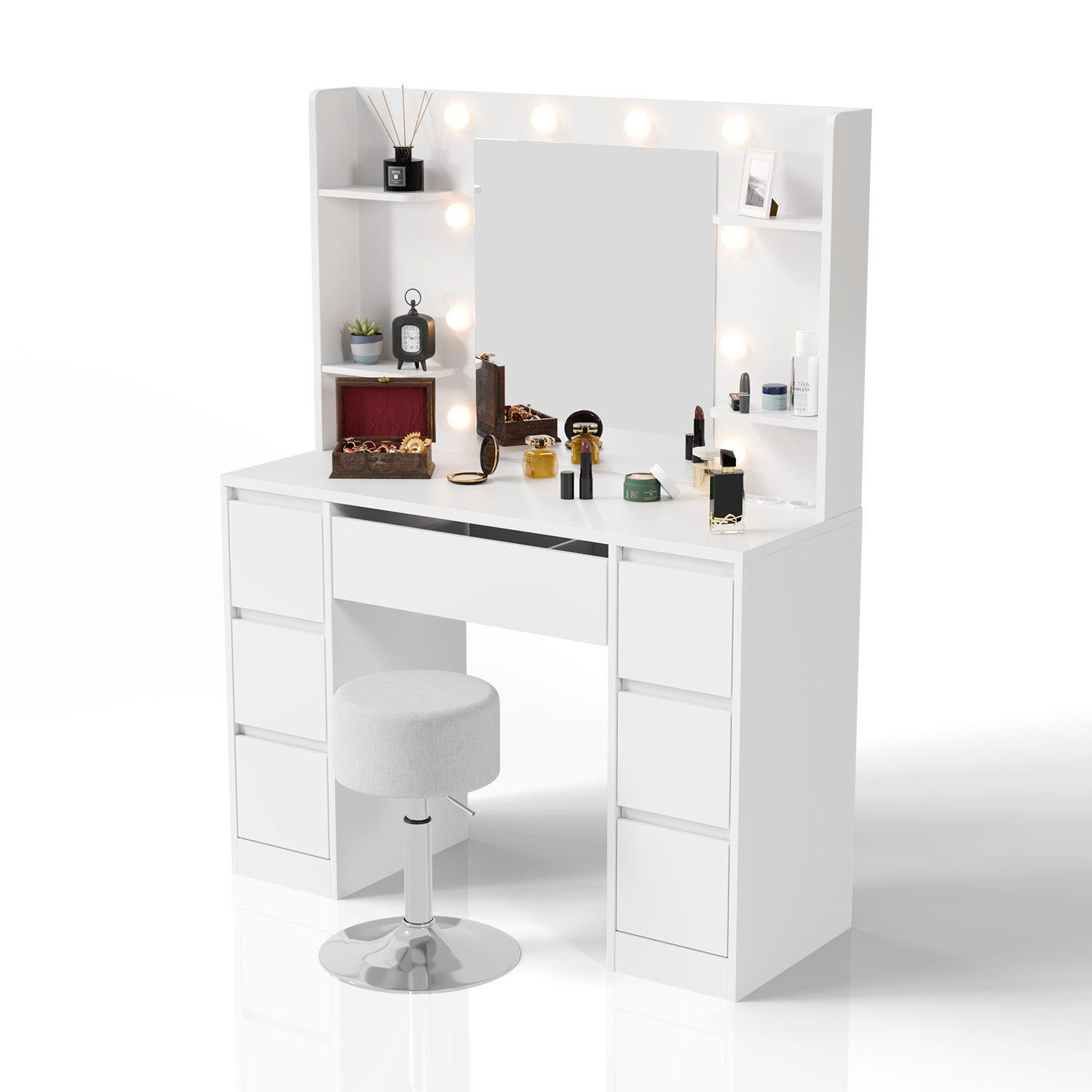 SCHMINKTISCH Malia mit LED und Hocker Tonia - Weiß, Holz (107/140/40cm) - Juskys