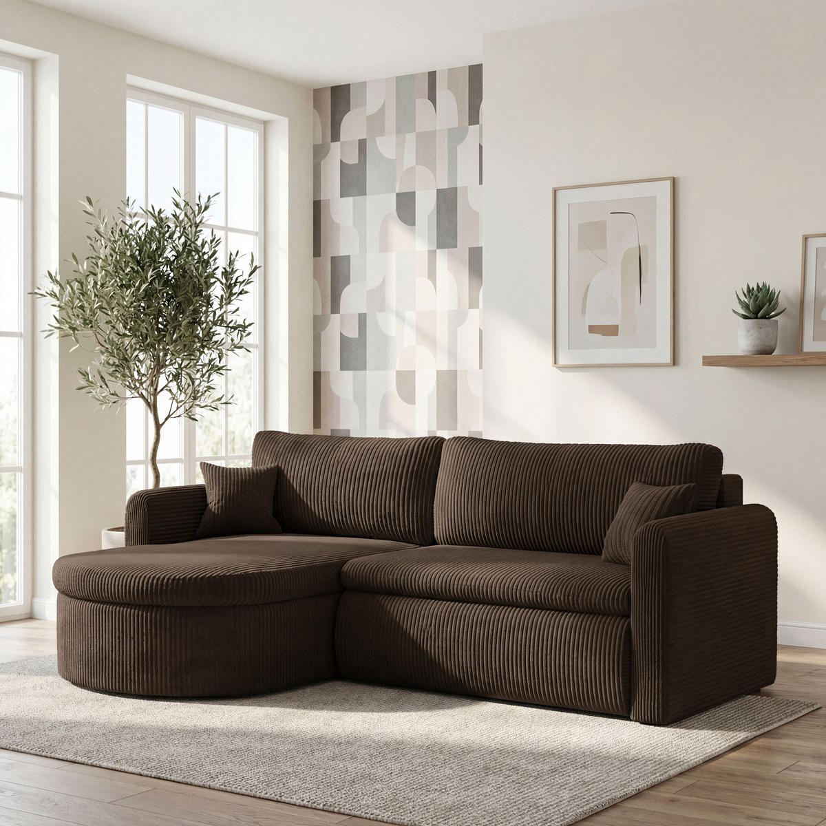 ECKSOFA Cora mit Schlaffunktion & Stauraum, Universell Rechts/Links, Braun Cord Chenille 260/82/160 cm - Schwarz/Braun, Kunststoff/Textil (250/160cm) - WFL GROUP
