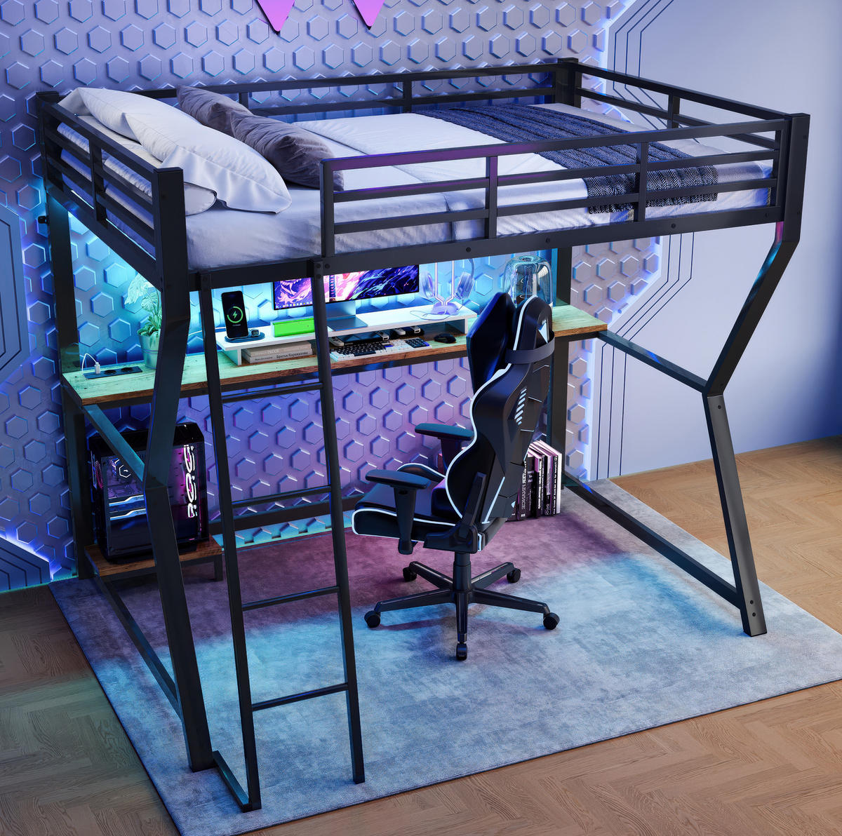 HOCHBETT aus Metall und MDF 90x200 cm Schwarz mit Schreibtisch, LED-Beleuchtung, Steckdose und USB - Schwarz, Metall (90/200cm) - IVMEU