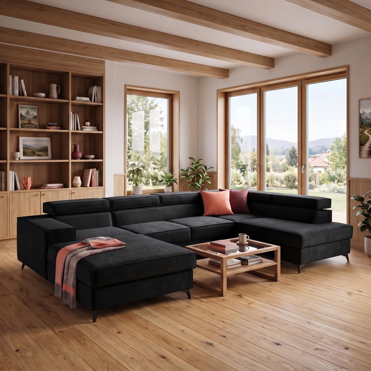 ECKSOFA PURE U Rechts mit Schlaffunktion 127x270 Velours Graphit - Graphitfarben/Schwarz, Holz/Textil (204/340cm) - Muffo