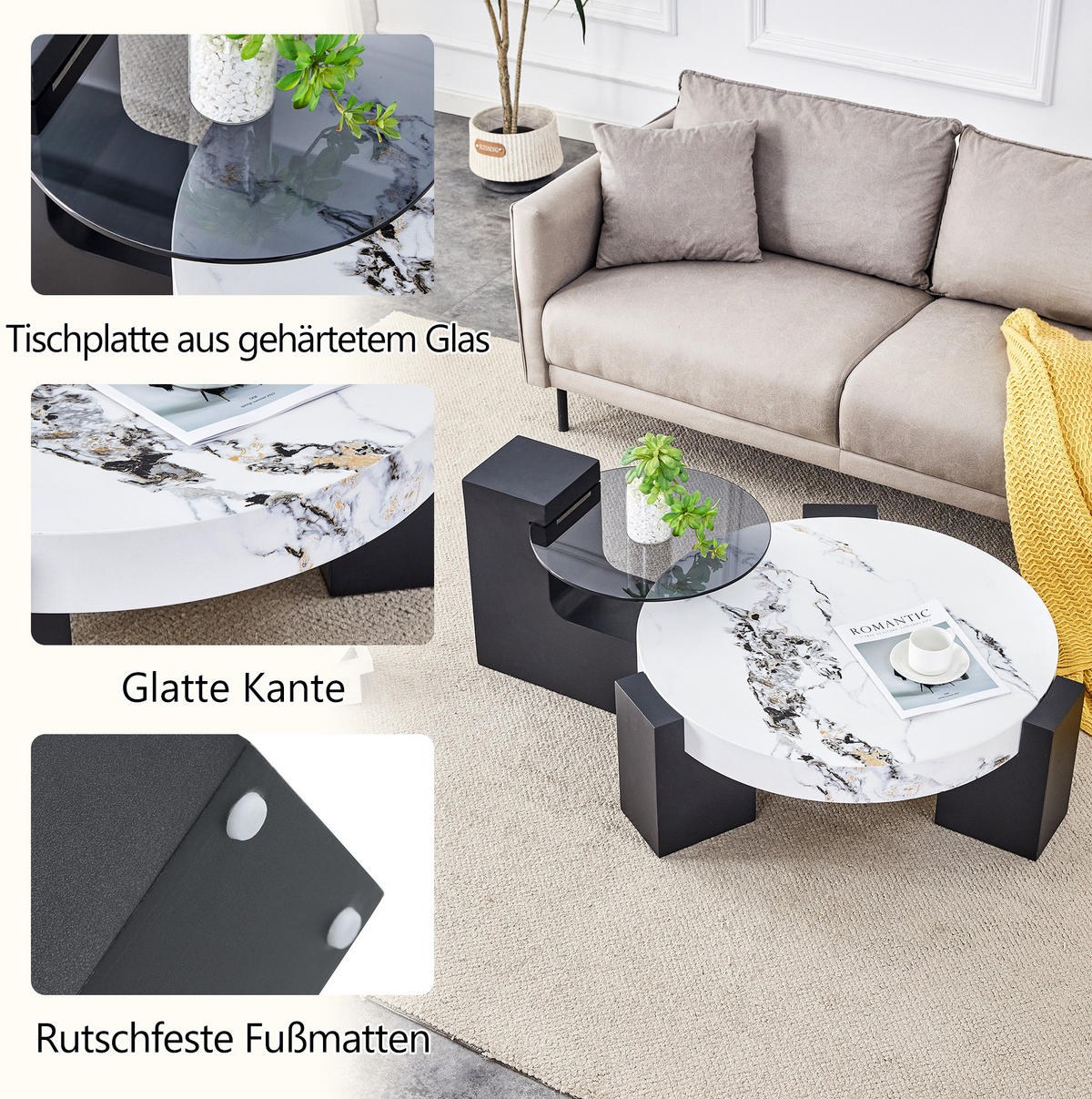 BEISTELLTISCH 61/30 cm in Weiß/Schwarz mit Marmor-Optik und Glasplatte - Schwarz, Holzwerkstoff (61/61/30cm) - Flora Grace
