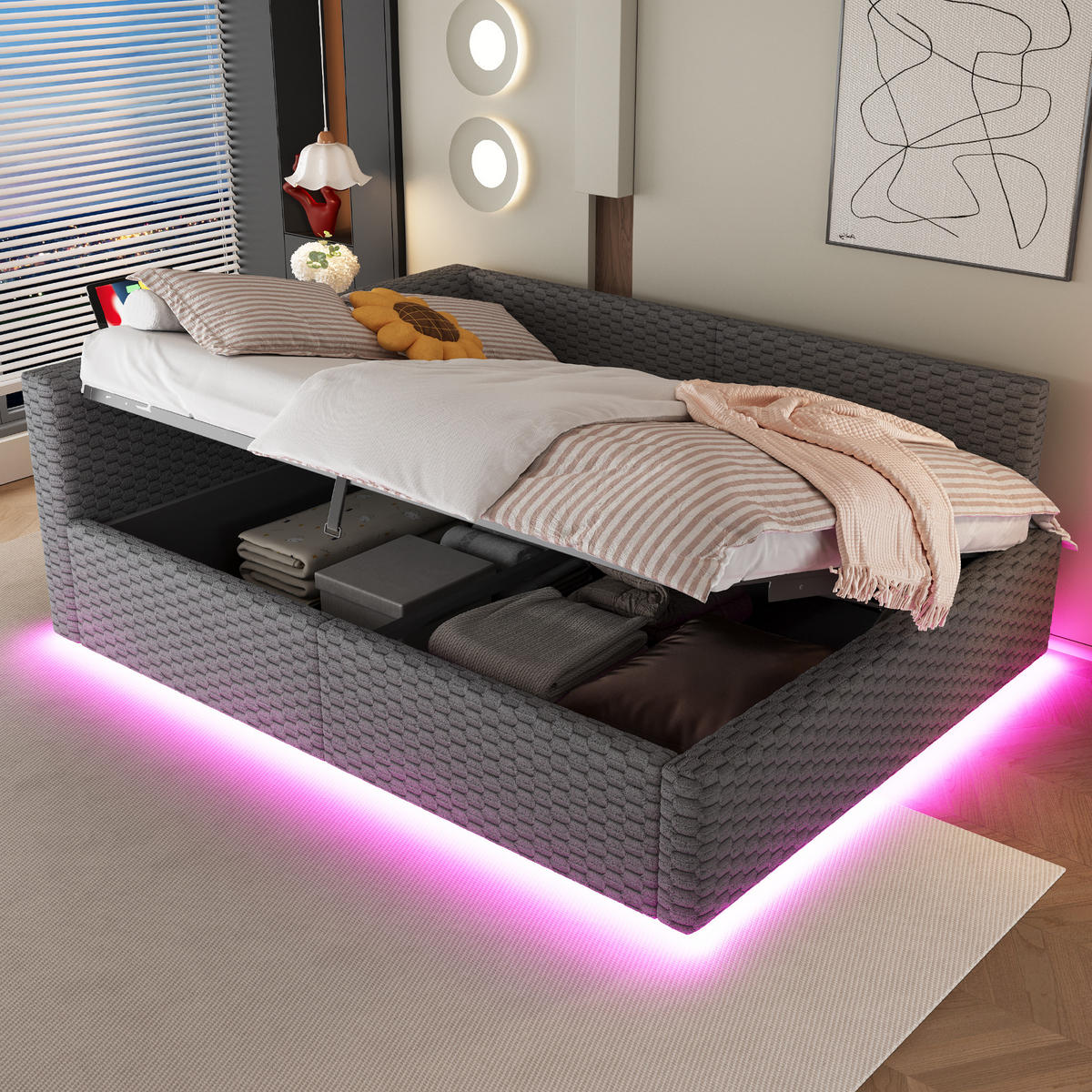 POLSTERBETT 140/200 cm in Grau Samt mit Bettkasten, LED und USB - Grau, Holzwerkstoff/Textil (140/200cm) - WISHDOR