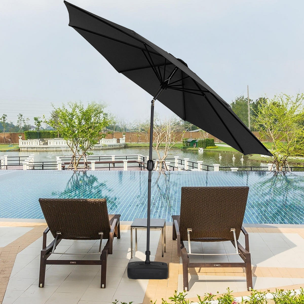 SONNENSCHIRM aus Polyester Metall mit Resin-Sockel Schwarz wetterfest und standfest drehbar 360° neigbar 60° 3 x 2.4m Ø49 × 35 cm - Schwarz, Metall (240/50cm) - Livingandhome