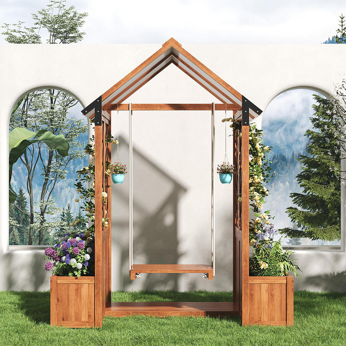 BLUMENKASTEN mit Spalier als Kletterhilfe，Braunes Massivholz - Braun, Holz (70/163/142cm) - KOMHTOM