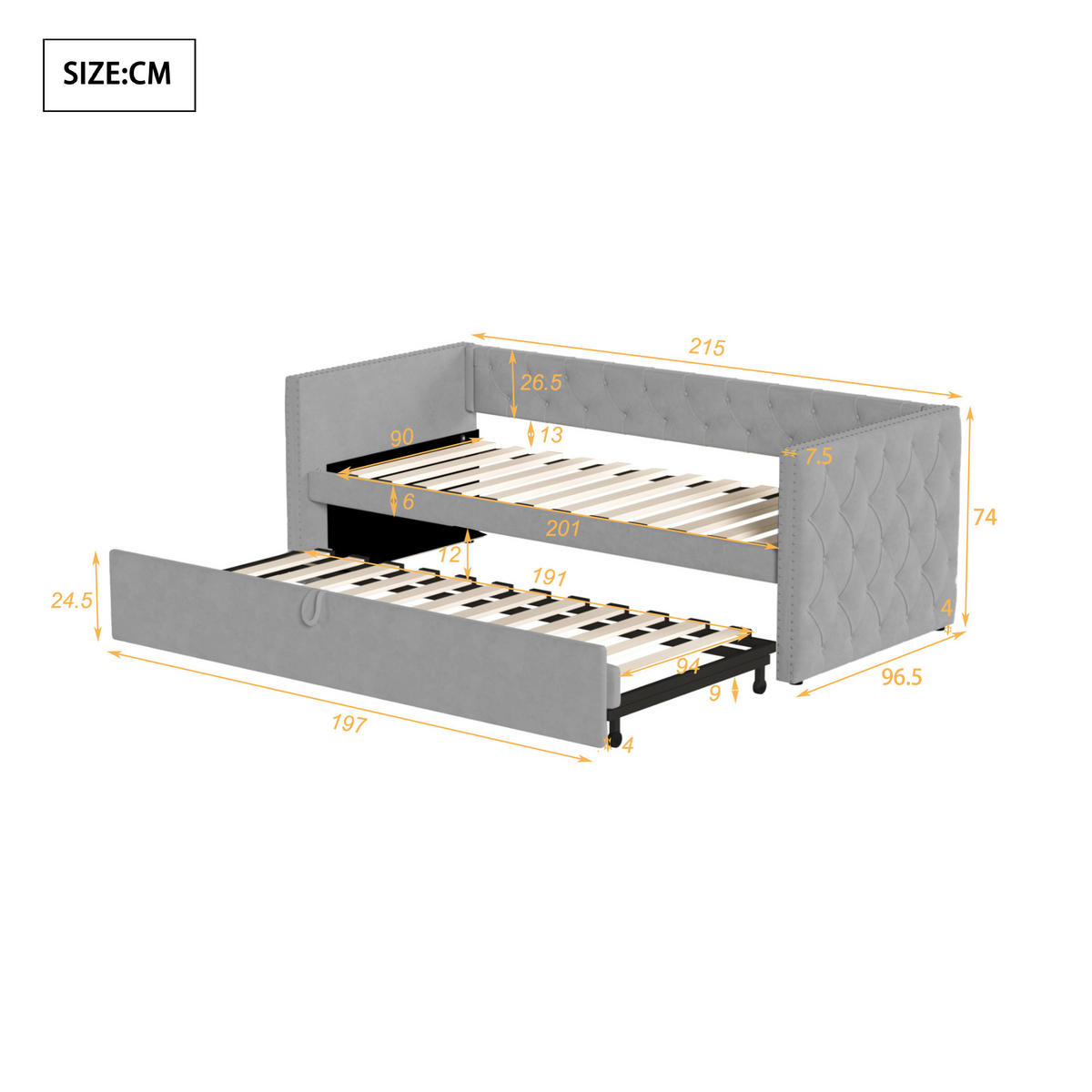 AUSZIEHBETT 90/200 cm DE-01636, in Hellgrau, mit Lattenrost - Hellgrau, Metall (90/200cm) - ComfortXL