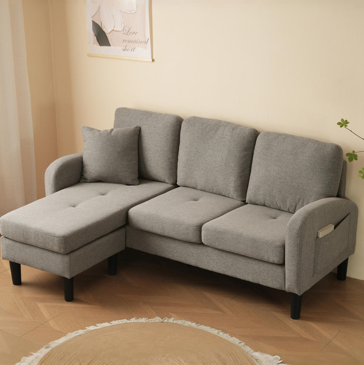 ECKSOFA mit Baumwoll-Leinen-Bezug Antik-Dunkelgrau 166x118x77 cm, Chaiselongue beidseitig stellbar - Dunkelgrau, Kunststoff (118/166cm) - IVMEU