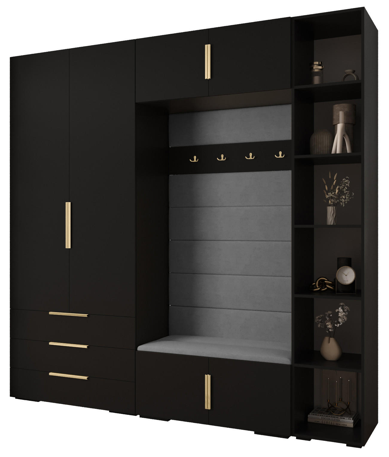 Abiks Möbel Garderoben-Set Schwarz, Grau, Gold 240x236.7x47 cm