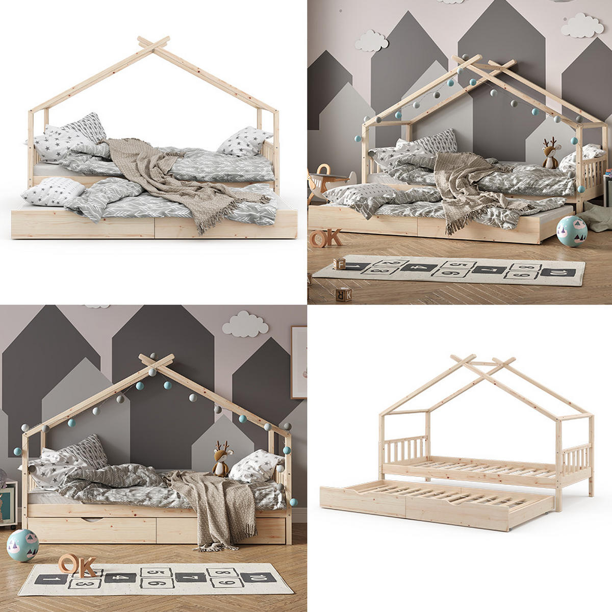 HAUSBETT Design Naturholz 90x200 cm mit Gästebett und Matratze - Naturfarben, Holz (90/200cm) - VitaliSpa