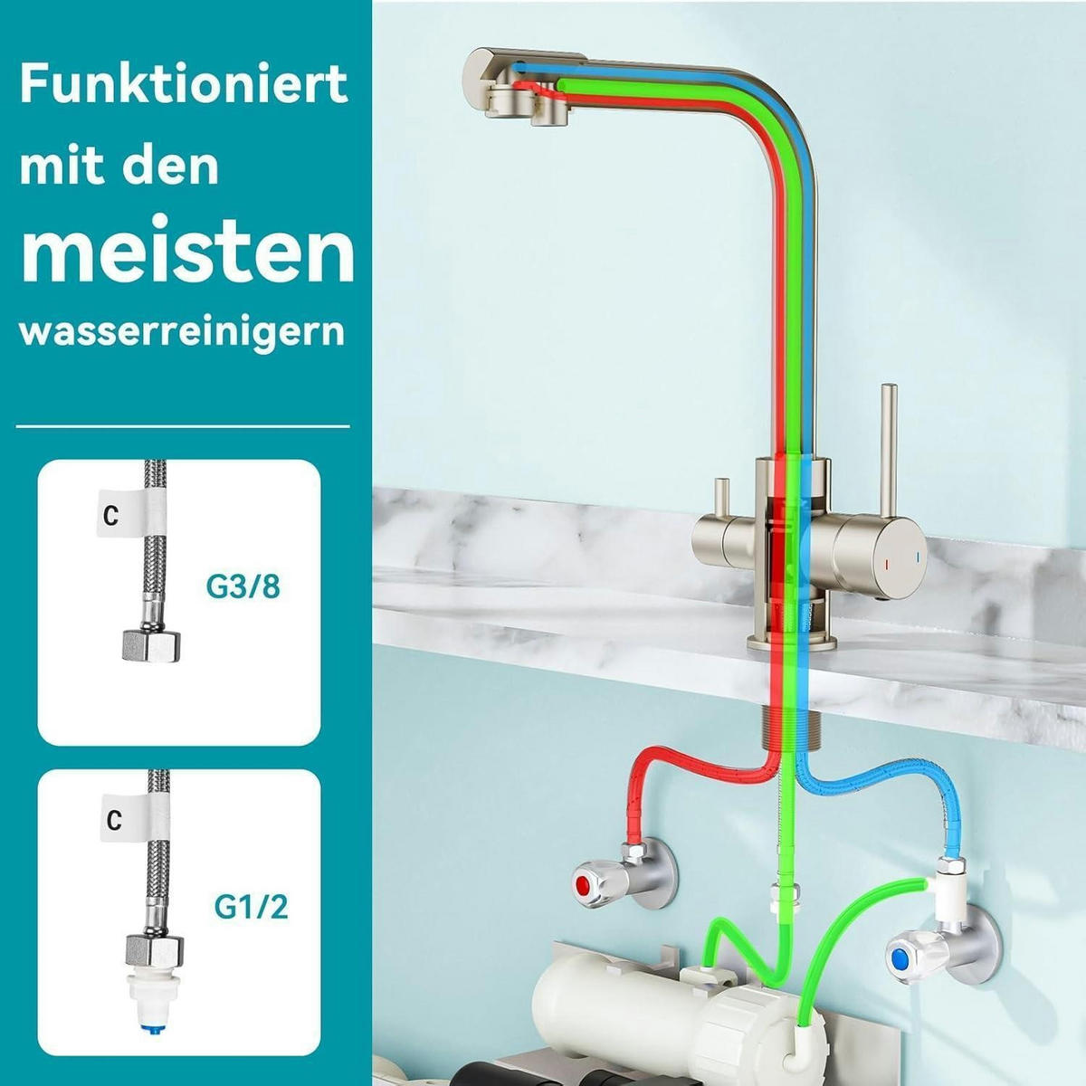 KÜCHENARMATUR 3 Wege mit Trinkwasserauslauf Edelstahl - Silberfarben, Metall (20.3/5.1/27.4cm)