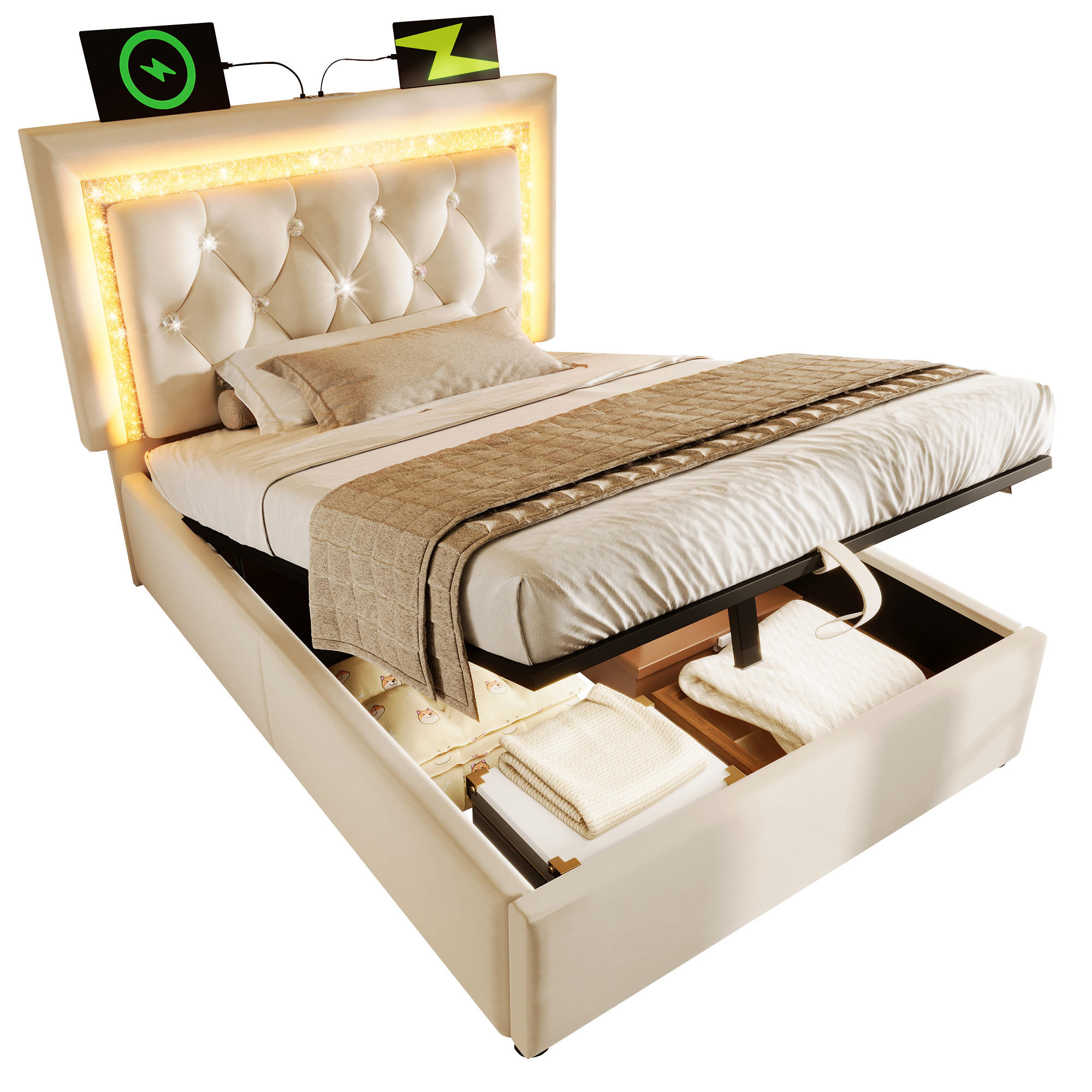 POLSTERBETT 90/200 cm Beige mit LED-Beleuchtung und Bettkasten aus Samt - Beige, Textil (90/200cm) - OKWISH