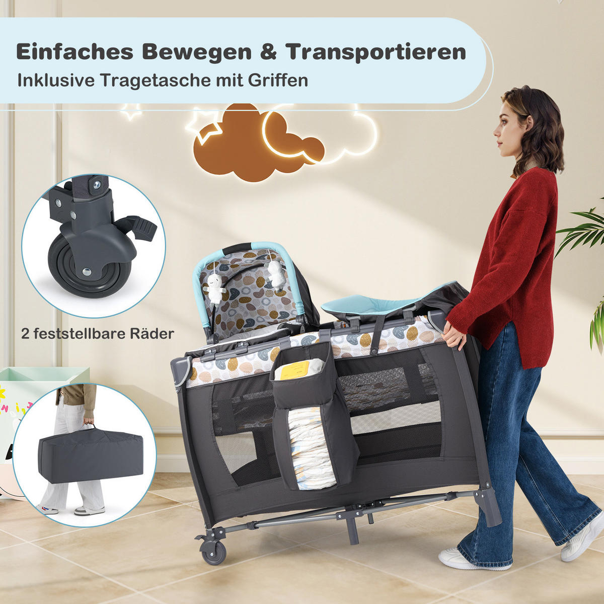 BABYBETT mit Matratze blau - Blau, Textil - COSTWAY