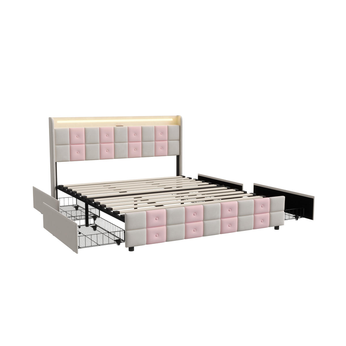 POLSTERBETT 140/200 cm Rosa/Beige mit 2 Schubladen, LED-Kopfteil mit Ablage und USB-Anschluss - Rosa, Metall (140/200cm) - EuroLiving
