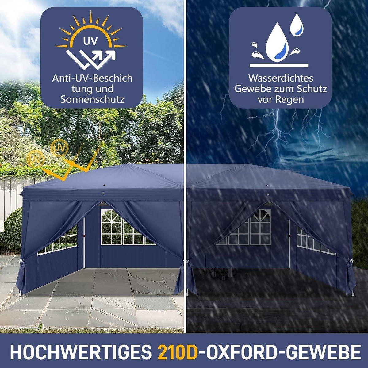 FALTPAVILLON 3 x 6 m Blau Wasserdicht UV-Schutz 50+ mit 6 Seitenteilen - Blau, Textil (300/268/600cm)